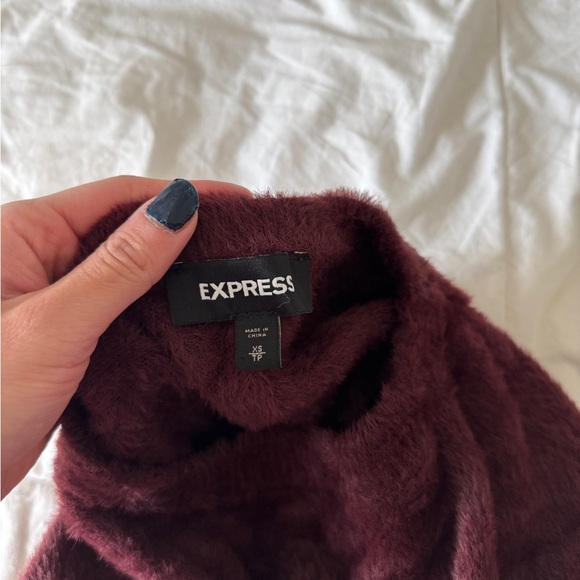 Express Burgundy Fuzzy Faux Fur Sweater XS Bateau Neck Long Sleeve Soft Cozy - Picture 10 of 10